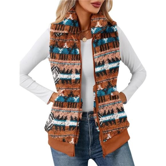 New Womens Fuzzy Fleece Vest, Casual Warm Sleeveless Zip Up Sherpa Vest - Picture 1 of 5